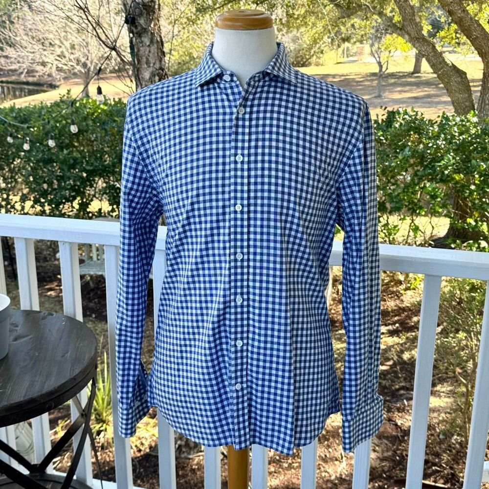 Saba Blue/White Gingham Print Dress Shirt. Size Large.